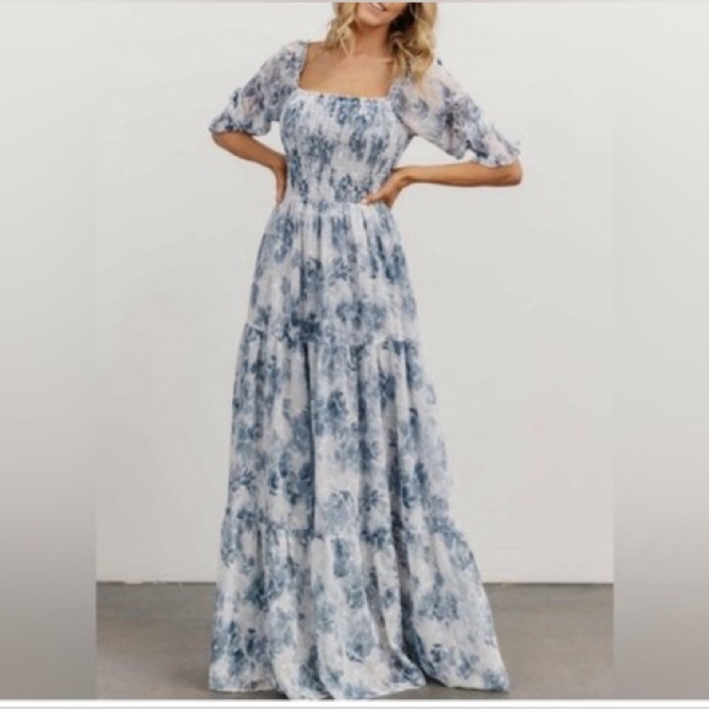 Baltic Born Bailey Blue Floral Eyelet Embroidered Ruffle Tiered Maxi Dress